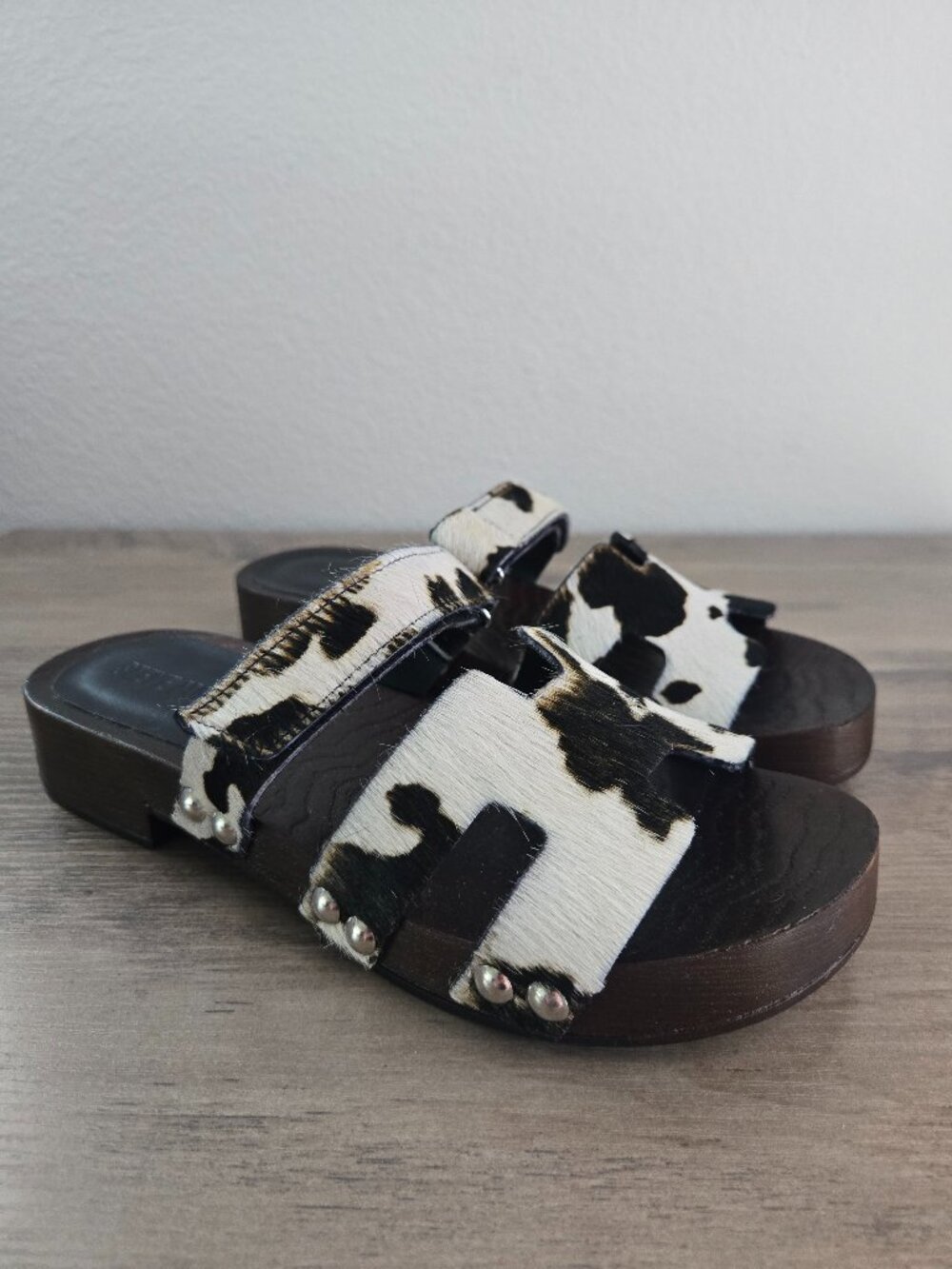 Steve Madden Canal Wooden Platform Slide Sandals Cow Print Calf Hair Size 8